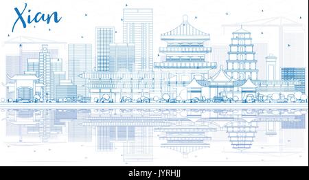 Xian contour bleu horizon avec bâtiments et réflexions. vector illustration. Les voyages d'affaires et tourisme concept avec l'architecture historique. Illustration de Vecteur