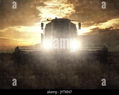 Peinture à l'aquarelle. Effet peinture..la récolte du blé de la moissonneuse-batteuse abandonnée avec courts de feux au milieu d'un champ agricole. Matin champ de blé jaune sur Banque D'Images