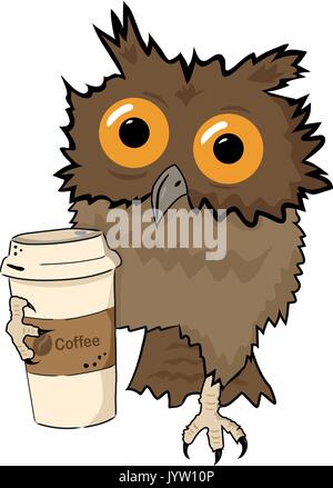 Hibou avec tasse de café, drôle personnage isolé sur blanc, matin d'inspiration pour l'affiche menu cafe Illustration de Vecteur
