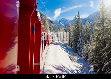 Croix-rouge suisse emblématique train Bernina Express en paysage d'hiver et la neige immaculée. La Suisse, l'Europe. Banque D'Images