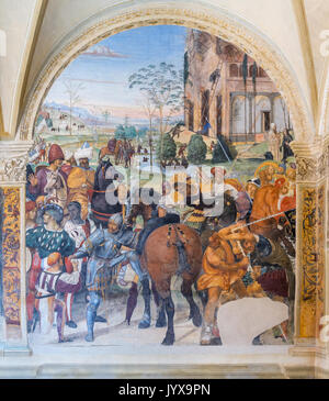 Fresque de Sodoma, scène 30 : Benoît prédit la destruction de Montecassino, l'abbaye de Monte Oliveto Maggiore, Toscane, Italie Banque D'Images