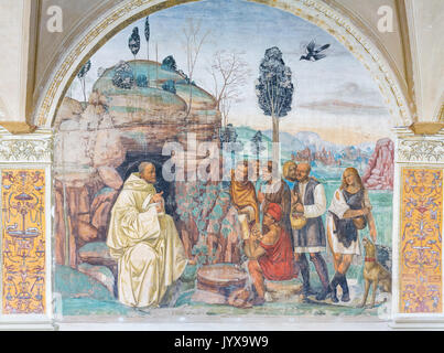 Fresque de Sodoma, scène 7. Benoît demande à la paysannerie, l'abbaye de Monte Oliveto Maggiore,Toscane, Italie Banque D'Images