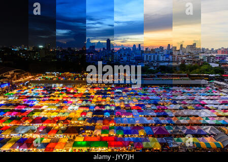Les différentes couleurs de l'ombre Vue de dessus la tente de toile au marché plein air / temps différents dans un même cadre. Banque D'Images