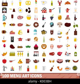 100 art menu icons set, style plat Illustration de Vecteur