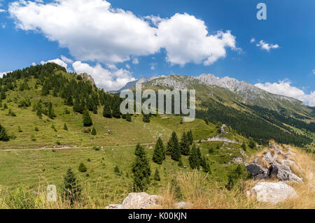 Sentier de la Baita Cornetto, en vertu de la montagne Presolana, Castione della Presolana, Val Seriana, district de Bergame, Lombardie, Italie. Banque D'Images