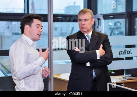 29 janvier 2013 à Belfast, en Irlande du Nord. Le prince Andrew, duc de York, se dresse avec ses bras croisés et un visage en arrière dans une conversation avec un ingénieur logiciel chez l'Irlande du Nord Science Park Banque D'Images