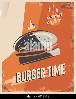 Poster rétro avec burger de boeuf Viande. restaurant Concept et design. Style Vintage background. vector illustration Illustration de Vecteur