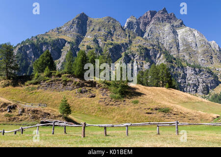 Une clôture en bois près de la ville de Crampiolo devant le Pizzo Crampiolo, Alpe Devero, vallée Antigorio, Piémont, Italie. Banque D'Images