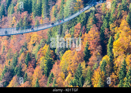 Les touristes sur le pont suspendu appelé Highline 179 encadré de bois coloré en automne Château Ehrenberg Reutte Autriche Europe Banque D'Images