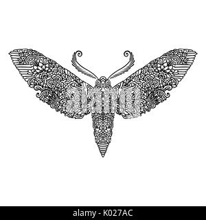 Papillon de nuit coloriage adultes. Vector illustration. Coloration anti-stress. Style Zentangle. Croquis en noir et blanc. Vector illustration. Modèle asiatique. Illustration de Vecteur