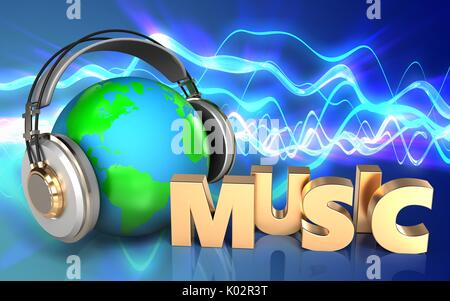 Illustration 3d de la terre dans un casque sur fond bleu avec les ondes sonores signe la musique Banque D'Images