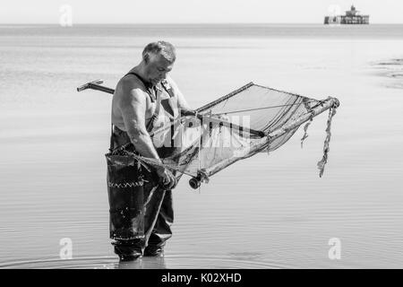 Le port de pêcheurs échassiers avec un filet pour la capture de crevettes et langoustines dans la mer à Herne Bay, Kent. Dans l'arrière-plan est la fin de l'ancienne jetée. Banque D'Images