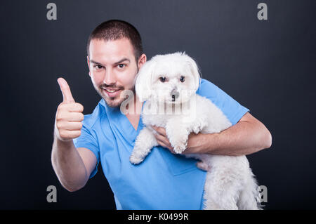 Le port de vétérinaires scrubs holding cute white dog montrant comme geste et souriant sur fond noir Banque D'Images