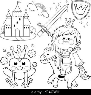 Prince Boy à cheval. Ensemble fantaisie de conte de fées pour enfants avec chevalier, un château et une grenouille magique. Page de coloriage noir et blanc vectoriel. Illustration de Vecteur