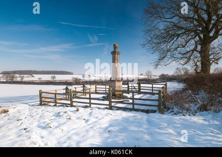 Cromwell Monument à la neige à la bataille de Naseby site à la recherche vers les arbres de longue tenue sur la Colline parlementaire, la poussière Spinney Naseby, Northamptonshire, Angleterre. Banque D'Images