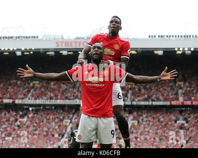 13 août 2017 - Manchester, Royaume-Uni - Manchester United Romelu Lukaku' célèbre marquant son deuxième but de côtés pendant le match de Premier League stade Old Trafford, Manchester. Date 13 août 2017 Photo. Crédit photo doit se lire : David KleinSportimage/CSM Banque D'Images