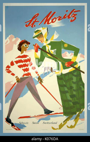 ST.MORITZ AFFICHE RÉTRO VINTAGE DE SKI DE VOYAGE 1940 Une affiche vintage de voyage illustrée par Paul Gusset en 1948 pour promouvoir le voyage et le ski à St Moritz Suisse. Banque D'Images