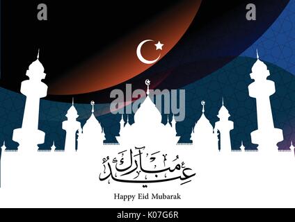 Eid Mubarak avec mosquée et Crescent, modèle de carte de vœux avec l'arabe galligraphy veut Eid Mubarak - Traduction : Eid Mubarak. Vector Illustratio Illustration de Vecteur