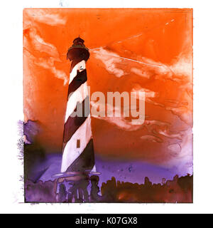Fine art de l'aquarelle sur papier synthétique YUPO phare du cap Hatteras- Outer Banks, Caroline du Nord. Lighthouse OBX de peinture. Banque D'Images