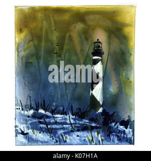 Fine art aquarelle sur papier synthétique YUPO historique de Cape Hatteras lighthouse- Outer Banks, Caroline du Nord. L'oeuvre phare. Banque D'Images