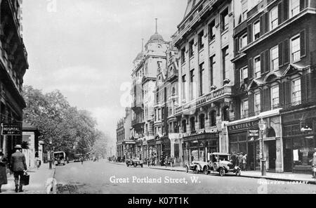 Avis de Great Portland Street, Londres, avec l'hôpital national pour les aveugles et G N moteurs sur la droite. vers 1915 Banque D'Images