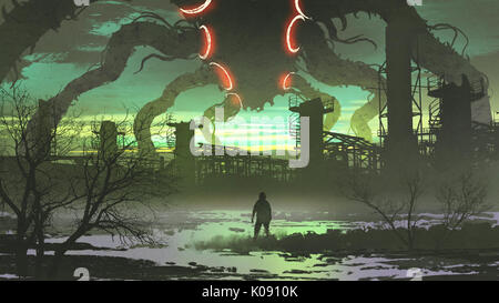 Man looking at monstre géant permanent au-dessus de usine abandonnée, art numérique, peinture style illustration Banque D'Images