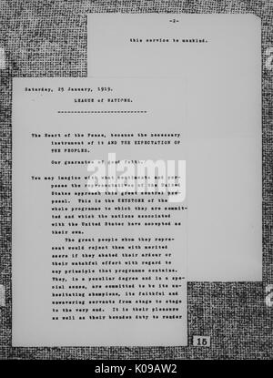 Notes, à partir de la propre machine à écrire, Wilsons faites au cours de la préparation de son discours avant la deuxième session plénière de la Conférence de paix de Paris, le 25 janvier, 1919 ; Société des Nations a été discuté lors de cette réunion, le 25 janvier 1919. Banque D'Images