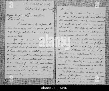 Lettre manuscrite datée du 4 avril 1884, à partir de Wilson à Houghton, Mifflin and Co, la présentation de trois essais qui devint par la suite une partie de son premier livre du gouvernement du congrès, publié en 1885, 1885. Banque D'Images