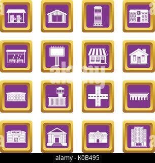 Les éléments de l'infrastructure ville icons set purple Illustration de Vecteur