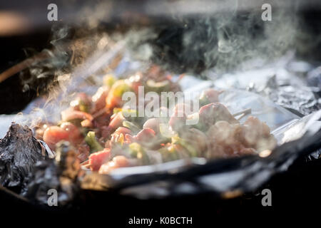 Brochettes de viande fumée monte en foyer de cuisson Banque D'Images