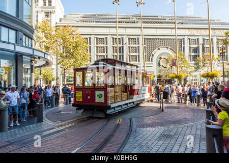 Cable car tourner à la fin de la ligne. San Francisco, comté de Marin, en Californie, USA. Banque D'Images