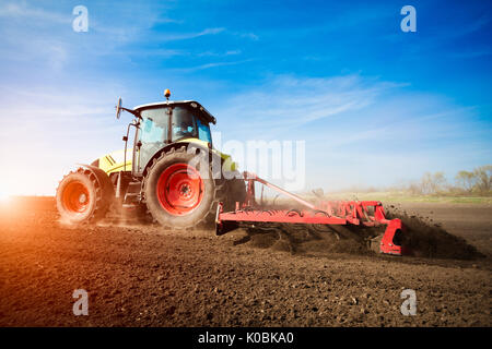 Tracteur travaillant sur les terres agricoles sur le coucher du soleil Banque D'Images