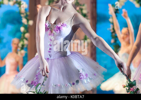 La chorégraphie, fashion, costume concept. danseuse, habillé en tutu et danseur dans des tons lilas clair décorés avec des tissus roses et feuilles, fleurs avec rotation Banque D'Images