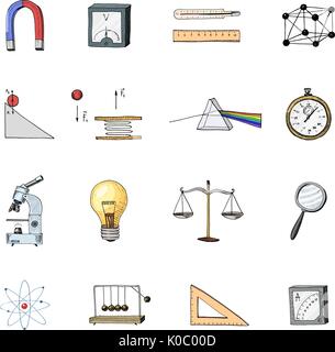 Lightbulb et prisme, réseau cristallin et l'échelle avec loupe. gravés à la main dans de vieux croquis et vintage des symboles. Retour à l'école, éléments de la science ou la physique et d'expériences en laboratoire. Illustration de Vecteur