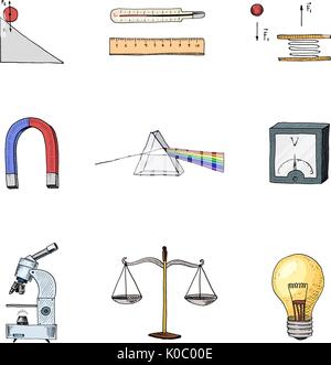 Lightbulb et prisme, réseau cristallin et l'échelle avec loupe. gravés à la main dans de vieux croquis et vintage des symboles. Retour à l'école, éléments de la science ou la physique et d'expériences en laboratoire. Illustration de Vecteur