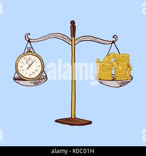 L'argent ou d'une pièce de monnaie et d'une balance avec le temps, le concept d'entreprise. gravés à la main dans de vieux croquis et vintage des symboles. Illustration de Vecteur