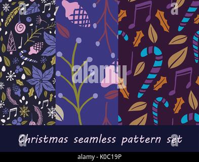 Vector Set de modèle sans couture de Noël avec sapin, poinsettia, cônes, des fruits rouges, des notes de l'arbre de Noël de cône Illustration de Vecteur