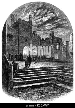 1870 : une vue de la nuit de la cour de Haddon Hall. L'anglaise sur la rivière Wye près de Bakewell, est l'un des sièges du Duc de Rutland. Les origines de la salle date du 11ème siècle, salle Tudor et médiévale actuelle comprend les ajouts ajoutés à différentes étapes entre le 13e et le 17e siècles. Le Derbyshire, Angleterre. Banque D'Images