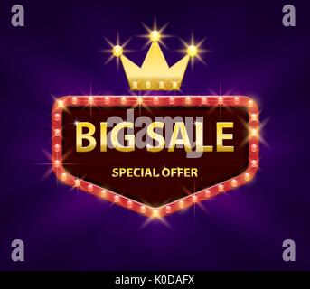 Grosse vente bannière d'escompte avec feux rouges d'illustration vectorielle du châssis. Grande vente d'ouverture du châssis, la promotion de l'offre avec couronne d'or Illustration de Vecteur