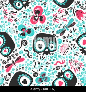 Beau motif transparent avec cute cartoon coeur crânes squelette aux yeux bleus turquoise et rose prairie, fleurs, papillons et les vers contre l'arrière-plan blanc. Vector illustration pour le papier d'emballage. Illustration de Vecteur