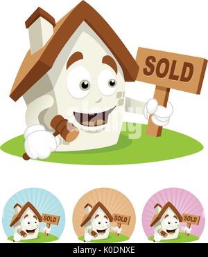 Chambre personnage illustration holding sold sign board and gavel Illustration de Vecteur