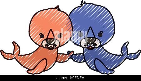 Crayon couleur caricature silhouette couple cute animal aquatique joints Illustration de Vecteur