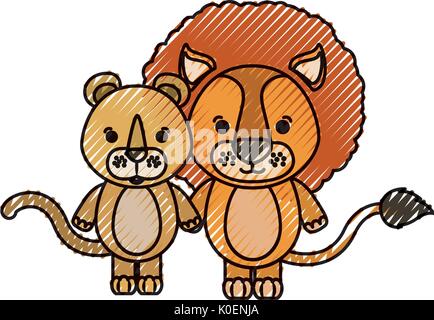 Crayon couleur caricature silhouette couple cute lion et lionne animaux Illustration de Vecteur