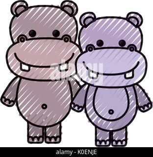 Crayon couleur caricature silhouette couple hippopotame animal mignon Illustration de Vecteur