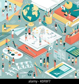 Les enfants qui apprennent et jouent ensemble sur un bureau avec des livres, tablette et fournitures scolaires : l'éducation et concept retour à l'école Illustration de Vecteur