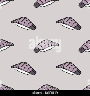 Shako colorée sushi sur fond mauve. cute Japanese food illustration hand drawn seamless pattern design style.. Illustration de Vecteur