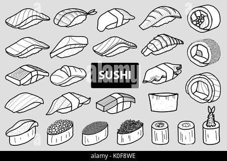 Ensemble de 25 rouleaux de sushi et isolés en contour noir et blanc avion. cute Japanese food illustration style dessiné à la main. Illustration de Vecteur