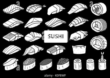 Ensemble de 25 silhouette blanche isolée et sushi roll. cute Japanese food illustration style dessiné à la main. Illustration de Vecteur