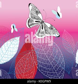 Vector background avec de beaux papillons et de feuilles sur un fond coloré Illustration de Vecteur