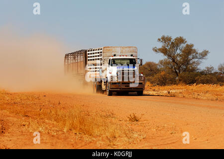 Live stock vide chariot sur une route de terre dans l'outback australien, Gascoyne, Australie occidentale Banque D'Images